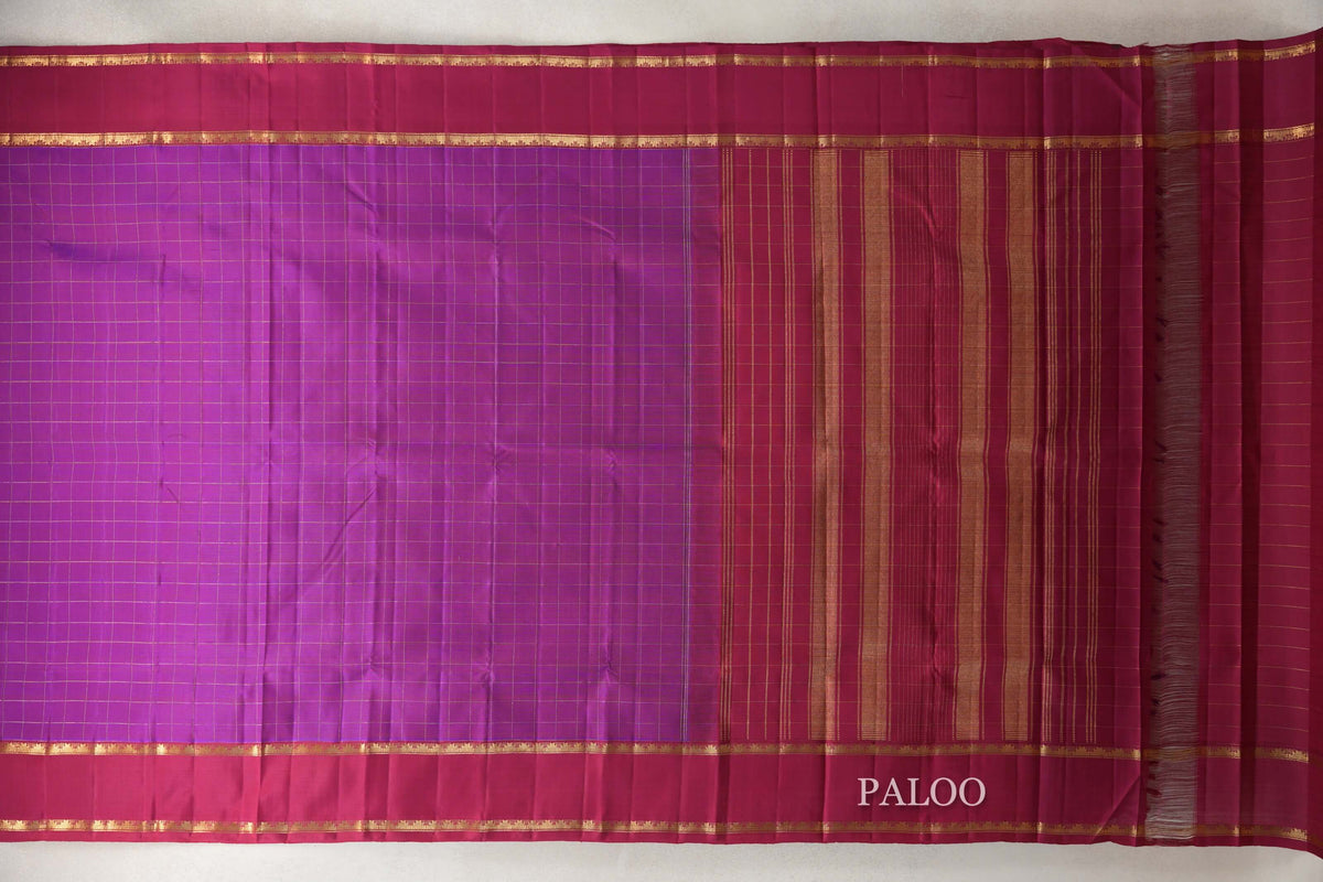Dual Tone of Red and Blue with Reddish Pink Rettai Pettu Borders Vintage Kanjivaram Silk Saree paloo