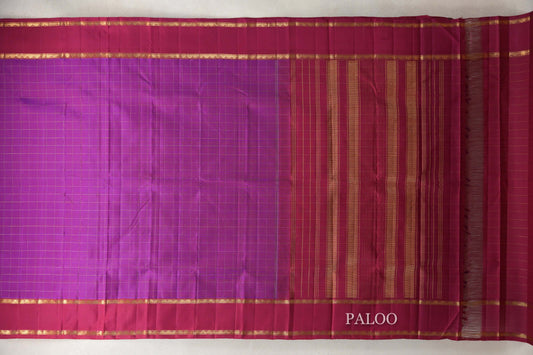 Dual Tone of Red and Blue with Reddish Pink Rettai Pettu Borders Vintage Kanjivaram Silk Saree paloo