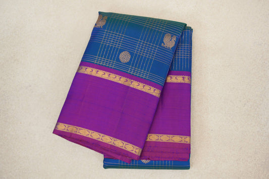 Peacock Blue with Dual tone of Blue and Reddish Pink Rettai Pettu Borders Vintage Kanjivaram Silk Saree