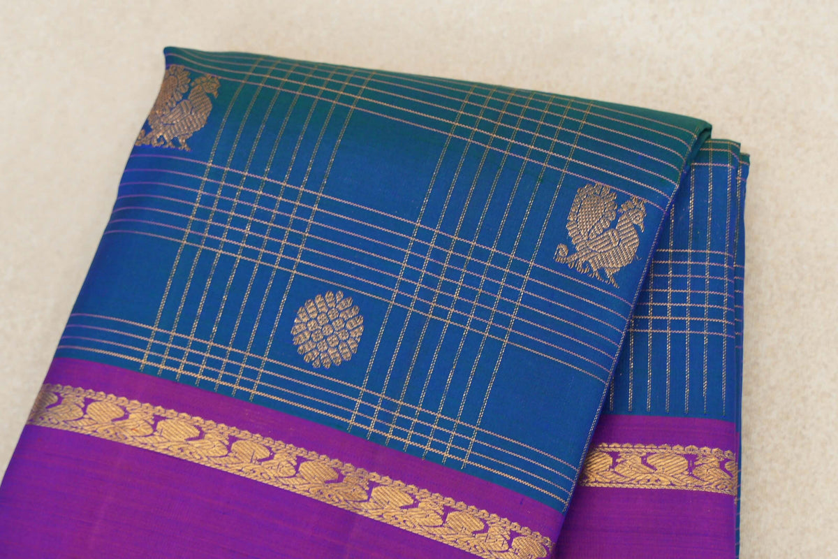 Peacock Blue with Dual tone of Blue and Reddish Pink Rettai Pettu Borders Vintage Kanjivaram Silk Saree body