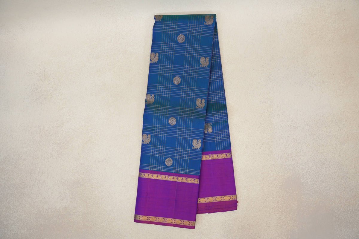 Online Peacock Blue with Dual tone of Blue and Reddish Pink Rettai Pettu Borders Vintage Kanjivaram Silk Saree