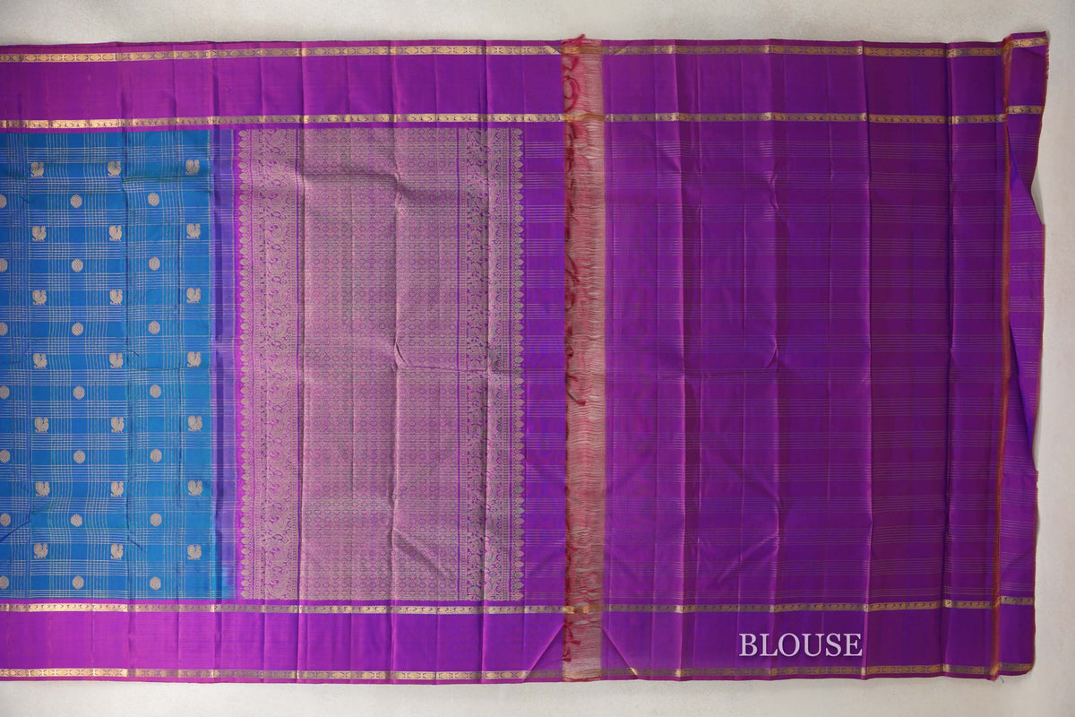 Peacock Blue with Dual tone of Blue and Reddish Pink Rettai Pettu Borders Vintage Kanjivaram Silk Saree blouse