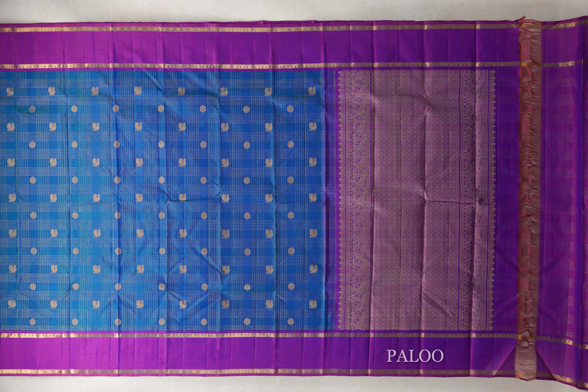Peacock Blue with Dual tone of Blue and Reddish Pink Rettai Pettu Borders Vintage Kanjivaram Silk Saree paloo