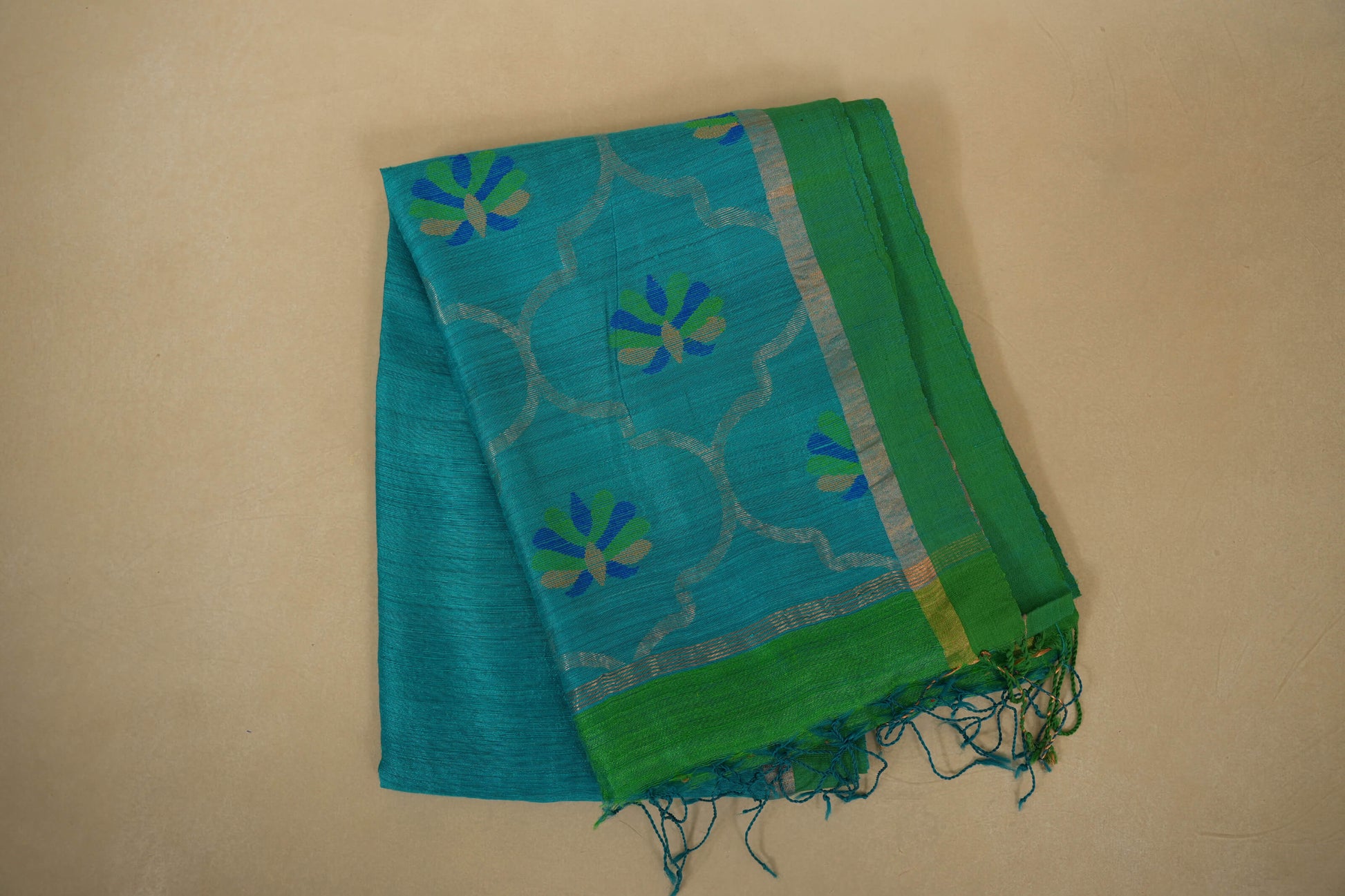 Peacock blue tussar silk saree