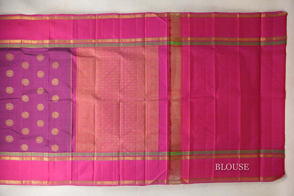 Deep Magenta with Bright Pink Rettai Pettu Borders Vintage Kanjivaram Silk Saree blouse