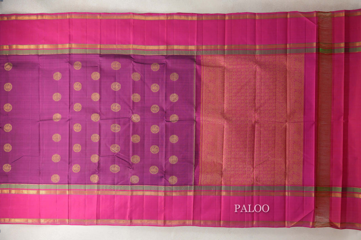 Deep Magenta with Bright Pink Rettai Pettu Borders Vintage Kanjivaram Silk Saree paloo
