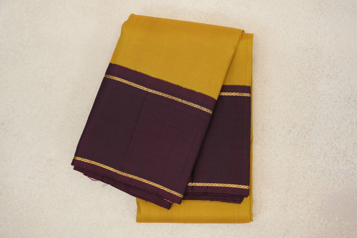 Mustard Yellow with Green Checks with Deep Plum Rettai Pettu Borders Vintage Kanjivaram Silk Saree