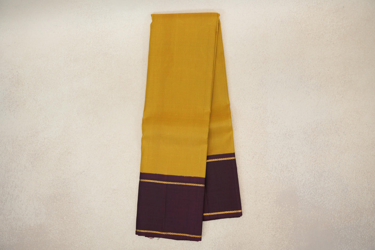 Online Mustard Yellow with Green Checks with Deep Plum Rettai Pettu Borders Vintage Kanjivaram Silk Saree