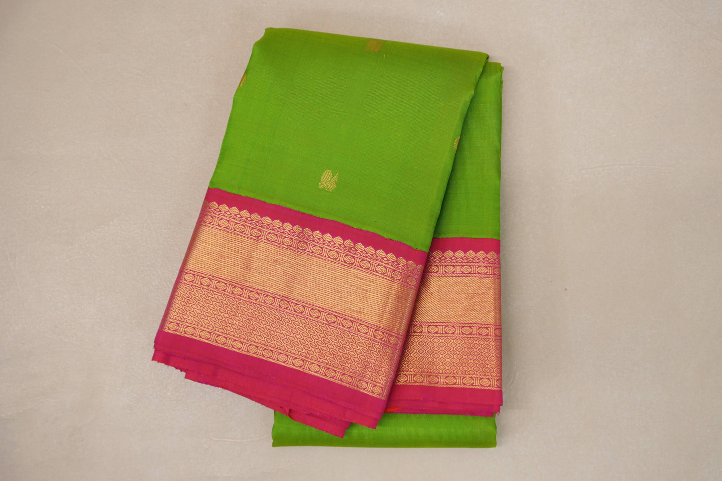 Parrot Green with Rani Pink Borders Vintage Kanjivaram Silk Saree SS9066