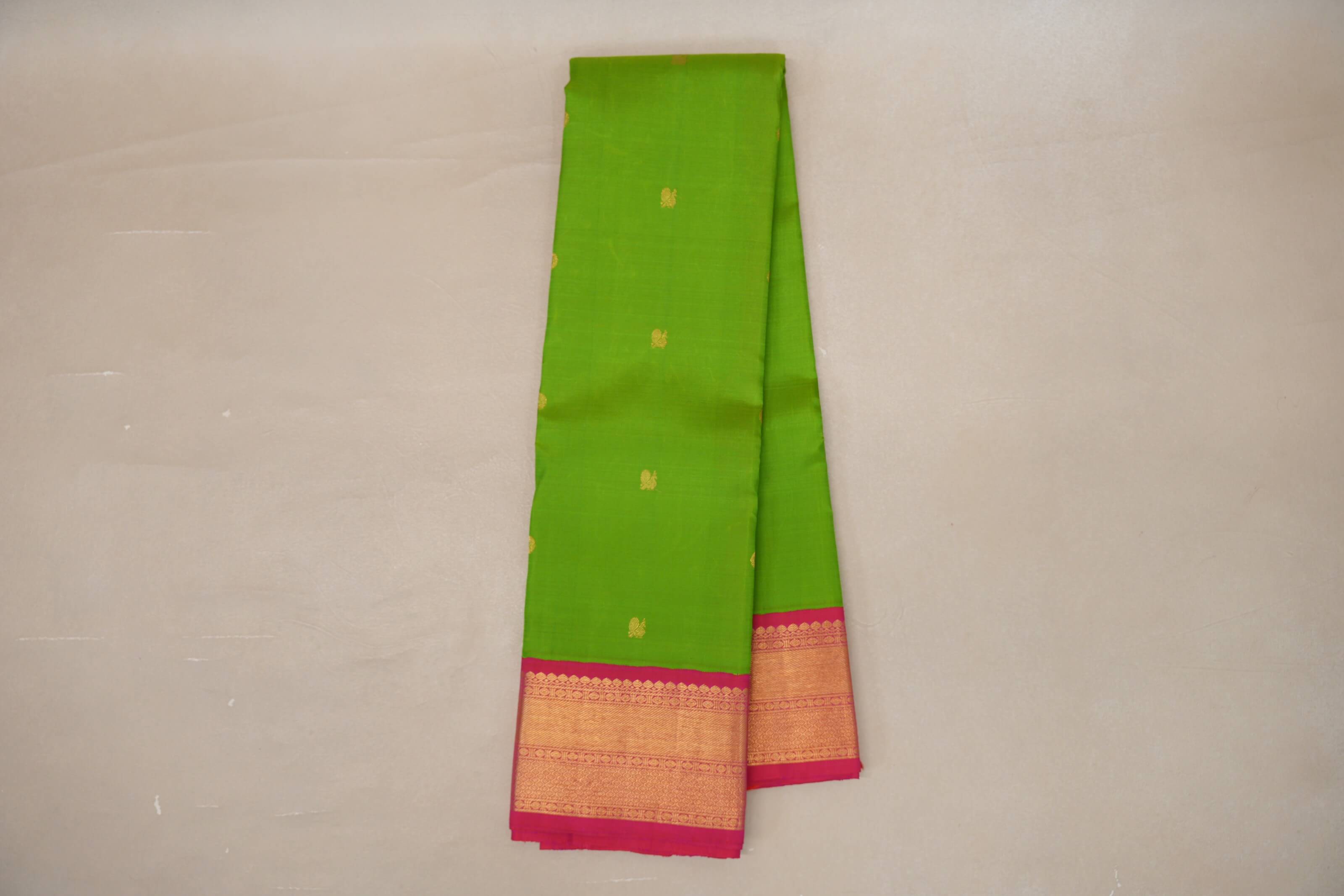 Parrot Green with Rani Pink Borders Vintage Kanjivaram Silk Saree SS9066