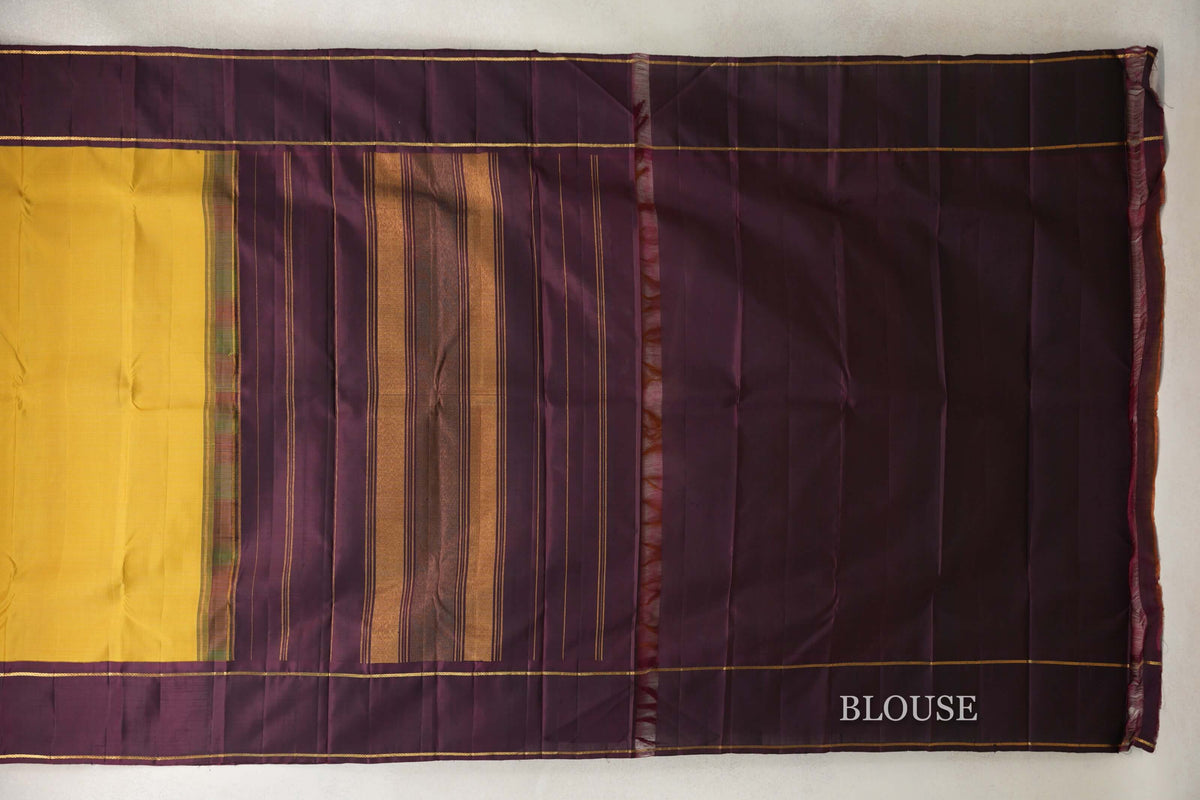 Mustard Yellow with Green Checks with Deep Plum Rettai Pettu Borders Vintage Kanjivaram Silk Saree blouse