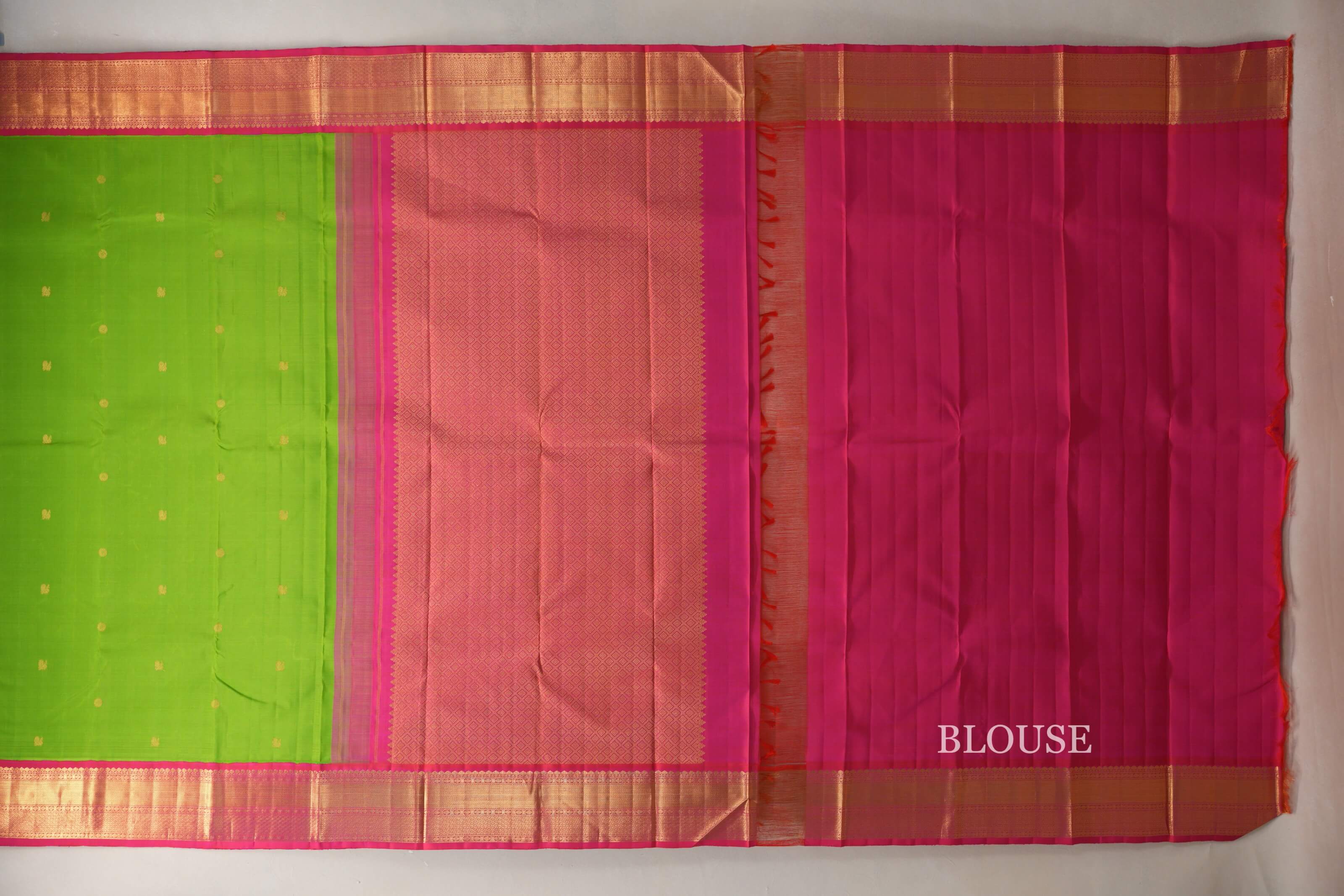 Parrot Green with Rani Pink Borders Vintage Kanjivaram Silk Saree SS9066