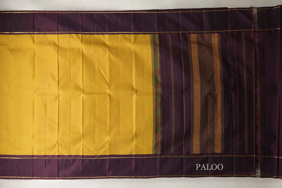 Mustard Yellow with Green Checks with Deep Plum Rettai Pettu Borders Vintage Kanjivaram Silk Saree paloo