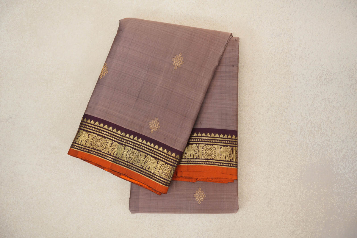 Light Chocolate Brown with Deep Plum with Bright Orange Selvedge Borders Vintage Kanjivaram Silk Saree
