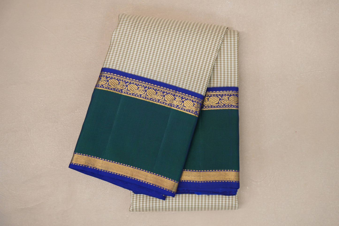 Cream with Olive Green Checks with Deep Blue and Peacock Green Borders Vintage Kanjivaram Silk Saree SS9067