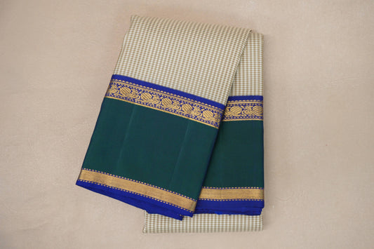 Cream with Olive Green Checks with Deep Blue and Peacock Green Borders Vintage Kanjivaram Silk Saree SS9067