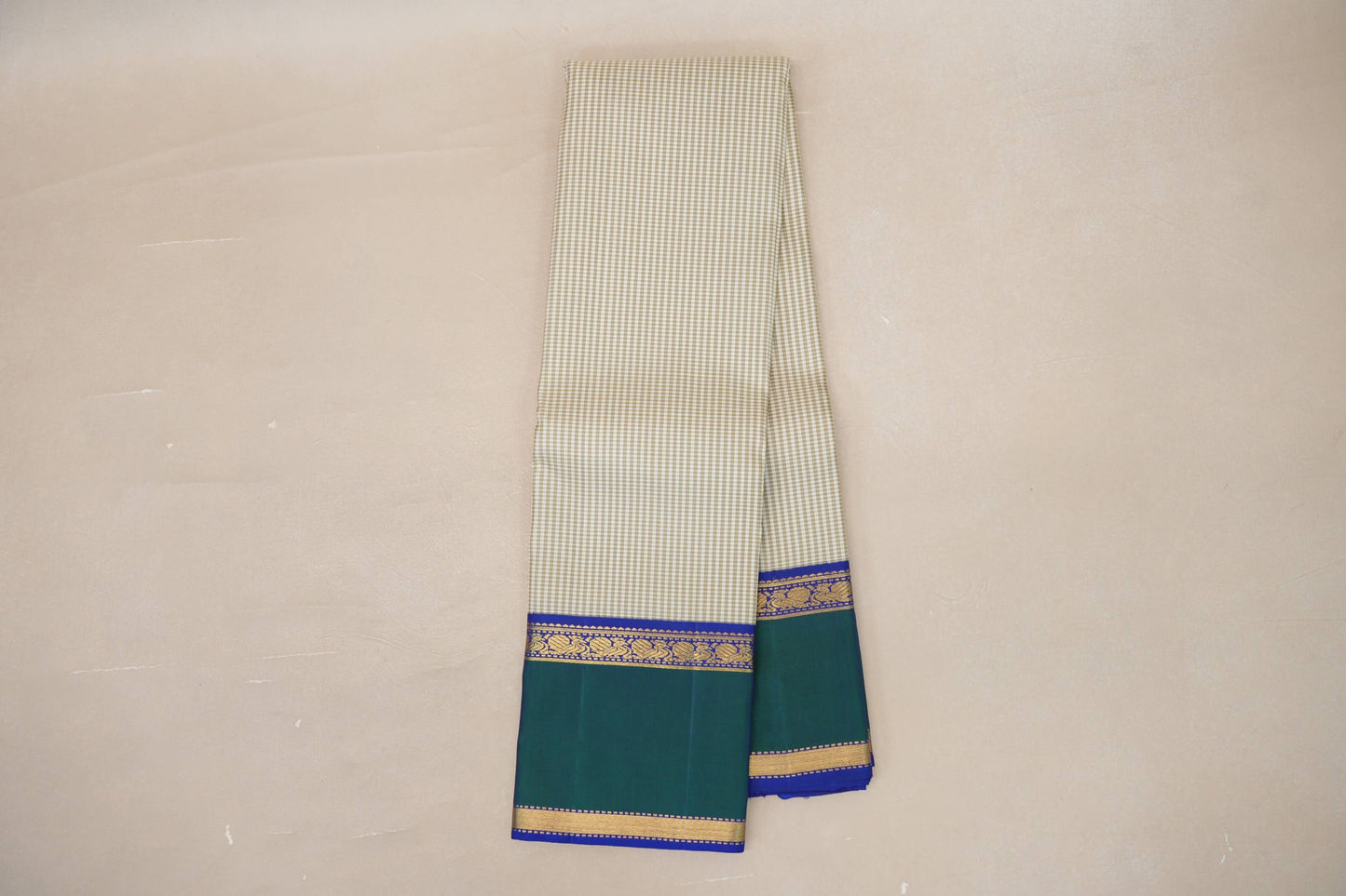 Cream with Olive Green Checks with Deep Blue and Peacock Green Borders Vintage Kanjivaram Silk Saree SS9067