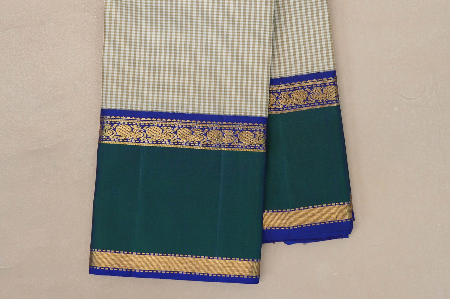 Cream with Olive Green Checks with Deep Blue and Peacock Green Borders Vintage Kanjivaram Silk Saree SS9067