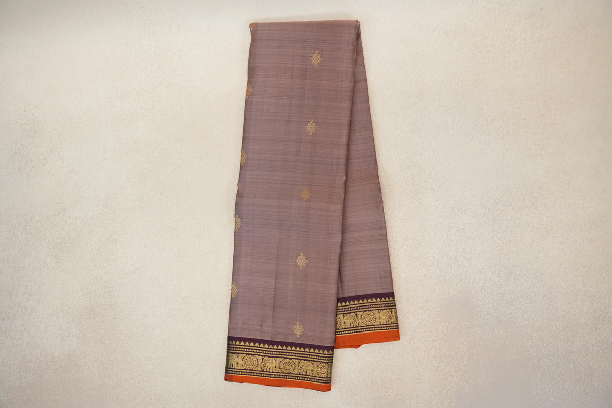 Online Light Chocolate Brown with Deep Plum with Bright Orange Selvedge Borders Vintage Kanjivaram Silk Saree