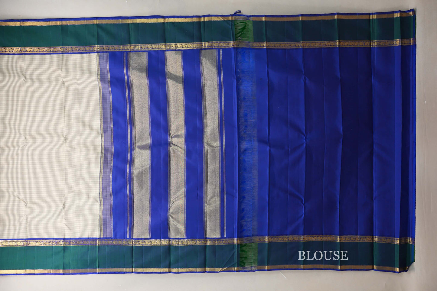 Cream with Olive Green Checks with Deep Blue and Peacock Green Borders Vintage Kanjivaram Silk Saree SS9067