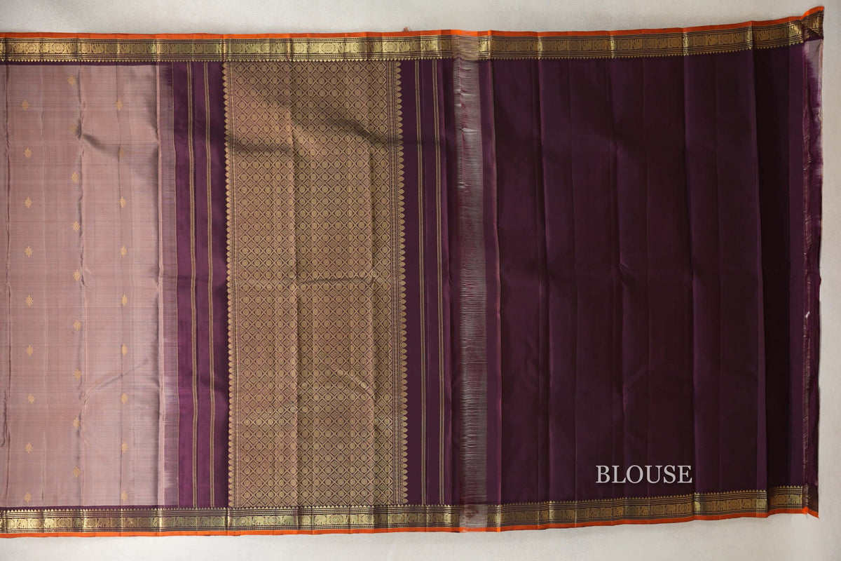 Light Chocolate Brown with Deep Plum with Bright Orange Selvedge Borders Vintage Kanjivaram Silk Saree blouse