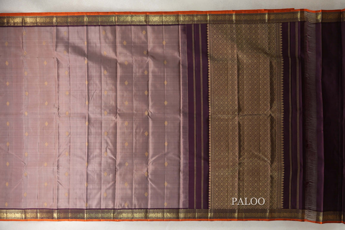 Light Chocolate Brown with Deep Plum with Bright Orange Selvedge Borders Vintage Kanjivaram Silk Saree paloo