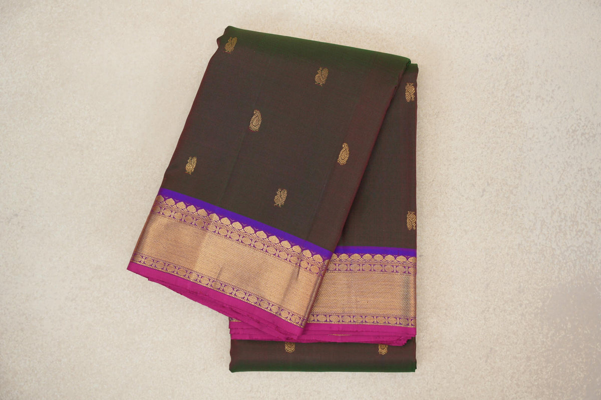Dual Tone of Dark Green and Pink with Violet Purple with Bright Pink Selvedge Borders Vintage Kanjivaram Silk Saree 