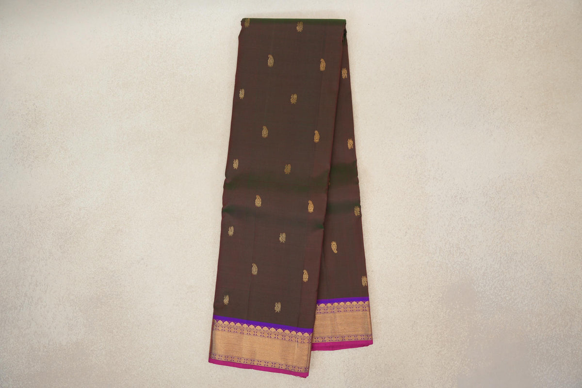 Online Dual Tone of Dark Green and Pink with Violet Purple with Bright Pink Selvedge Borders Vintage Kanjivaram Silk Saree 