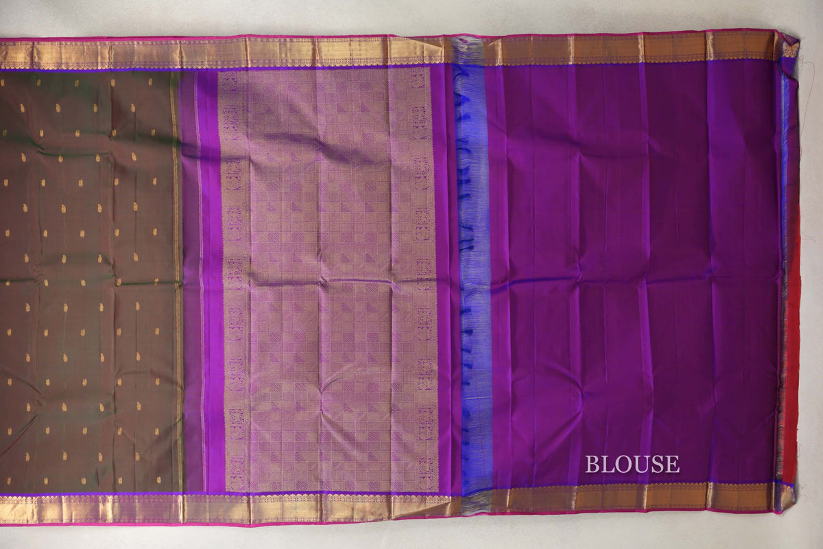 Dual Tone of Dark Green and Pink with Violet Purple with Bright Pink Selvedge Borders Vintage Kanjivaram Silk Saree  blouse