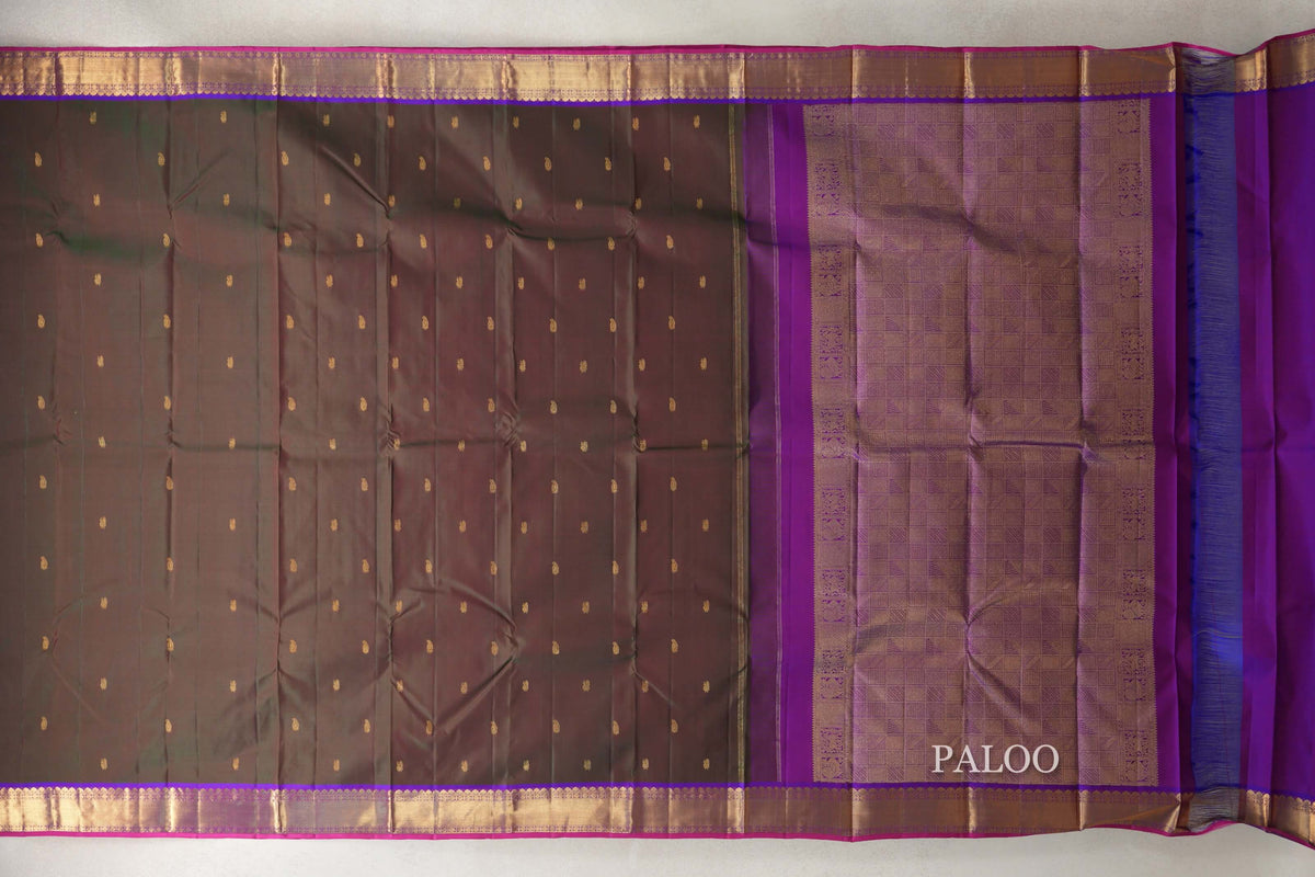 Dual Tone of Dark Green and Pink with Violet Purple with Bright Pink Selvedge Borders Vintage Kanjivaram Silk Saree paloo