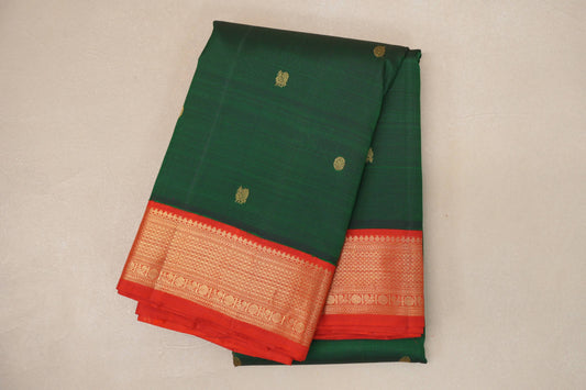 Bottle Green with Orangish Red Borders Vintage Kanjivaram Silk Saree SS9069