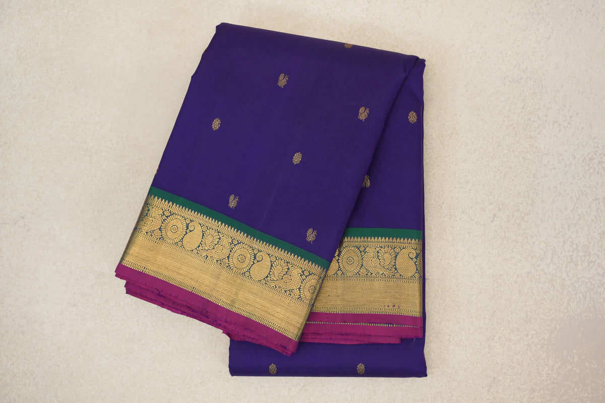 Violet with Peacock Green with Deep Magenta Selvedge Borders Vintage Kanjivaram Silk Saree 