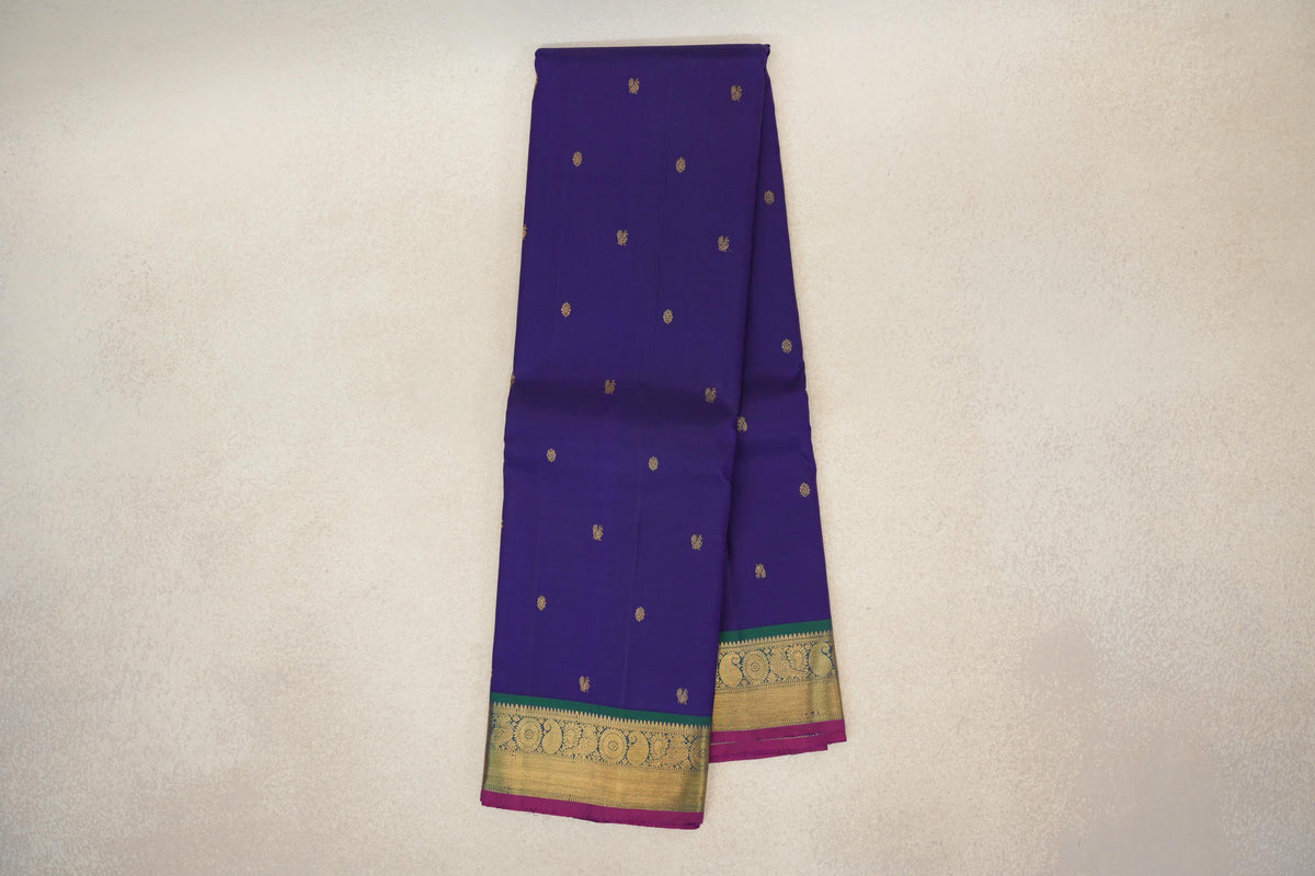 Online Violet with Peacock Green with Deep Magenta Selvedge Borders Vintage Kanjivaram Silk Saree 
