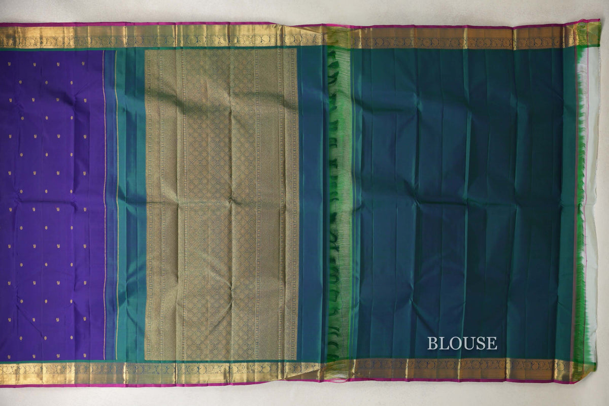 Violet with Peacock Green with Deep Magenta Selvedge Borders Vintage Kanjivaram Silk Saree blouse