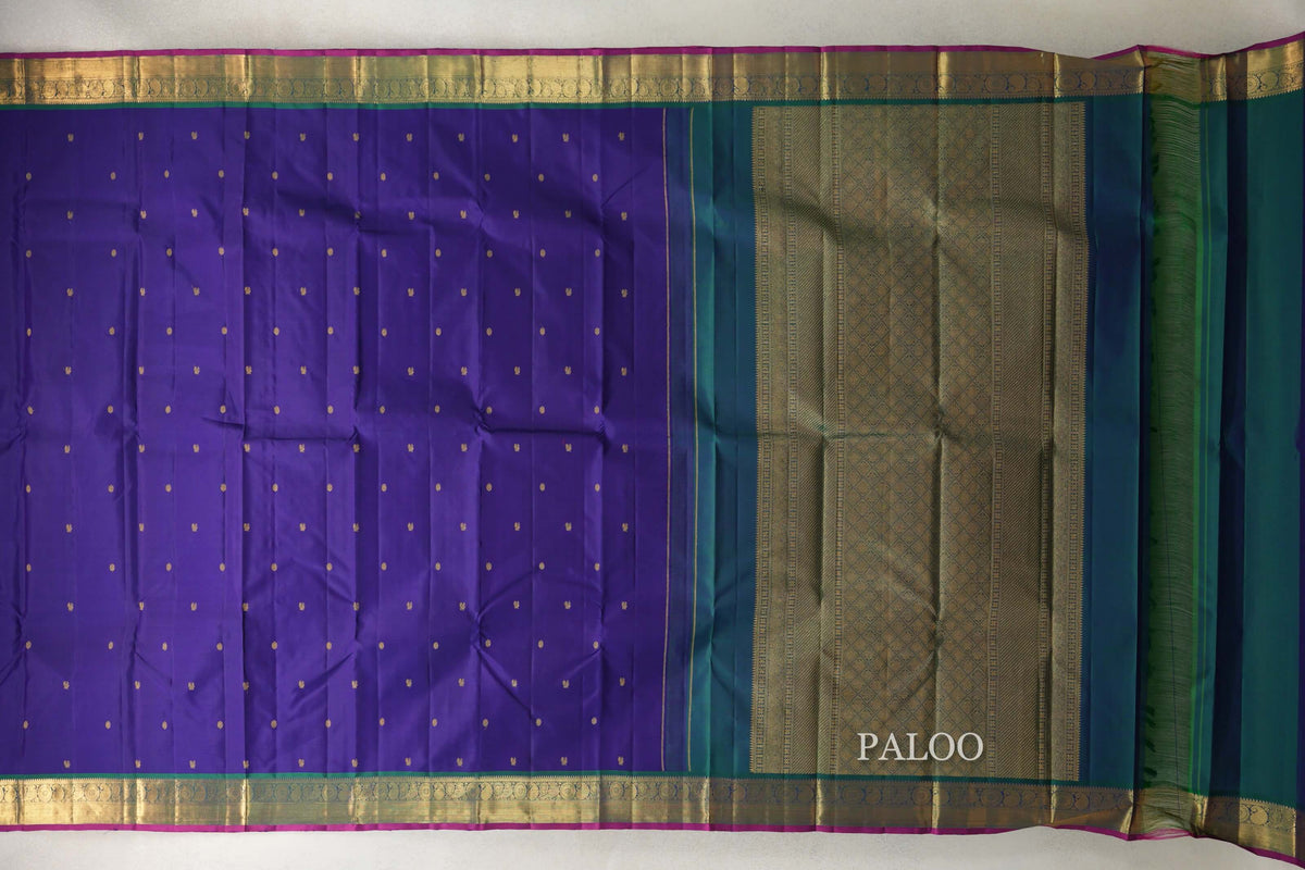 Violet with Peacock Green with Deep Magenta Selvedge Borders Vintage Kanjivaram Silk Saree paloo
