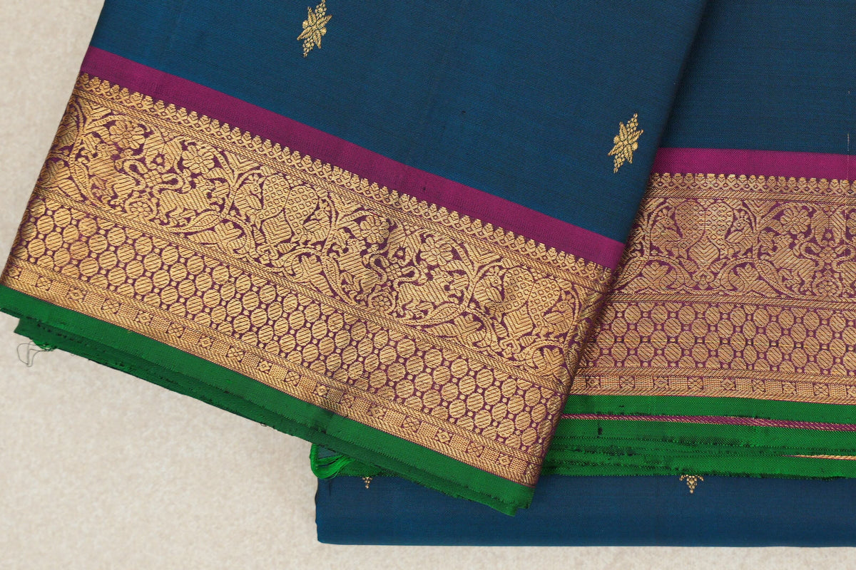Teal Green with Deep Magenta Vintage Kanjivaram Silk Saree border