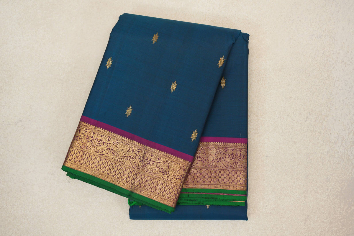 Teal Green with Deep Magenta with Emerald Green Selvedge Borders Vintage Kanjivaram Silk Saree 