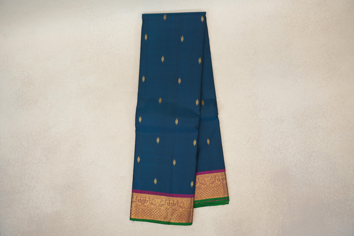 Online Teal Green with Deep Magenta with Emerald Green Selvedge Borders Vintage Kanjivaram Silk Saree 