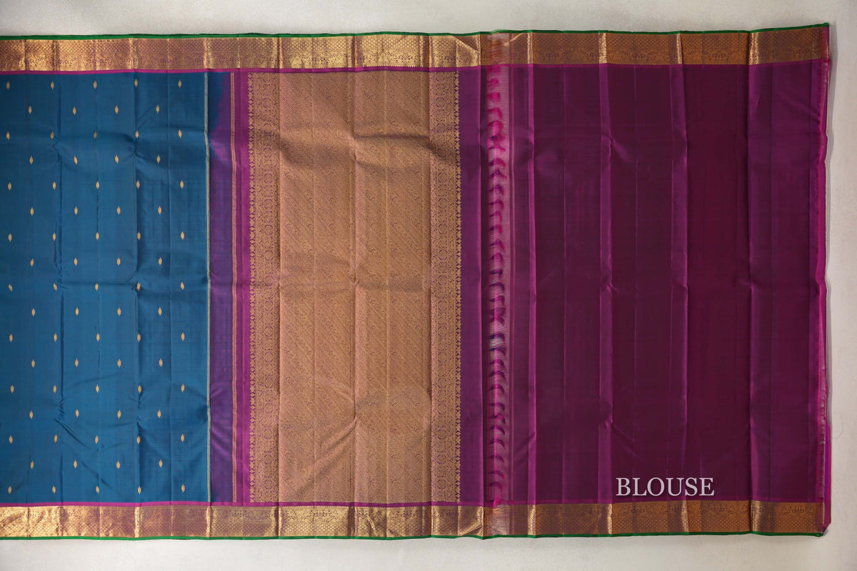 Teal Green with Deep Magenta with Emerald Green Selvedge Borders Vintage Kanjivaram Silk Saree blouse