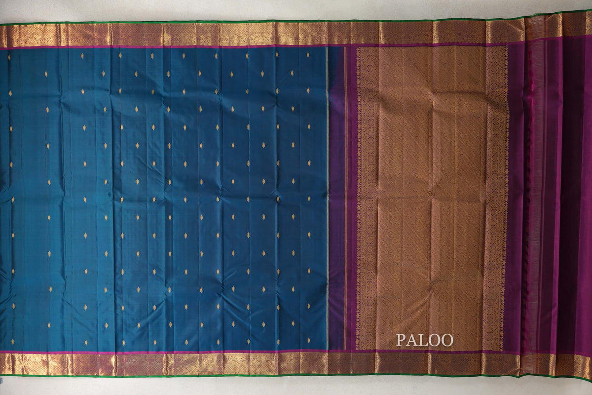 Teal Green with Deep Magenta with Emerald Green Selvedge Borders Vintage Kanjivaram Silk Saree paloo