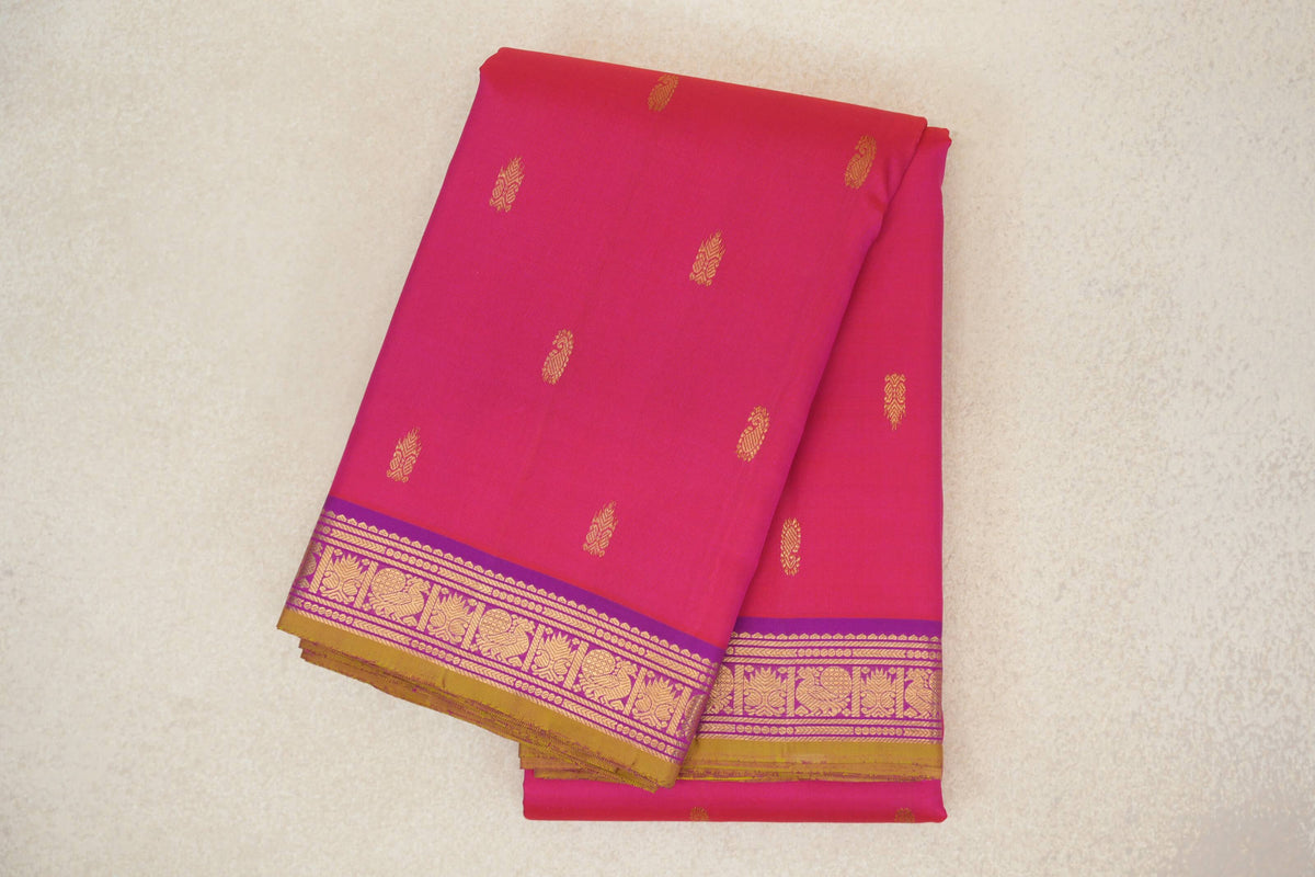 Bright Rani Pink with Violet Purple with Olive Yellow Borders Vintage Kanjivaram Silk Saree