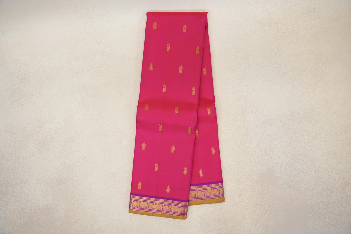 Online Bright Rani Pink with Violet Purple with Olive Yellow Borders Vintage Kanjivaram Silk Saree