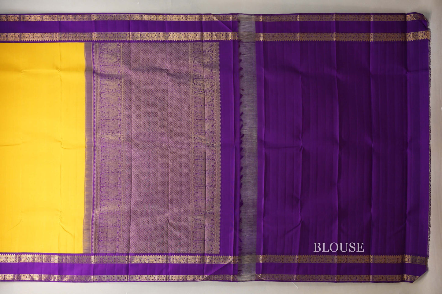Bright Yellow with Purple Rettai Pettu Borders Vintage Kanjivaram Silk Saree SS9072