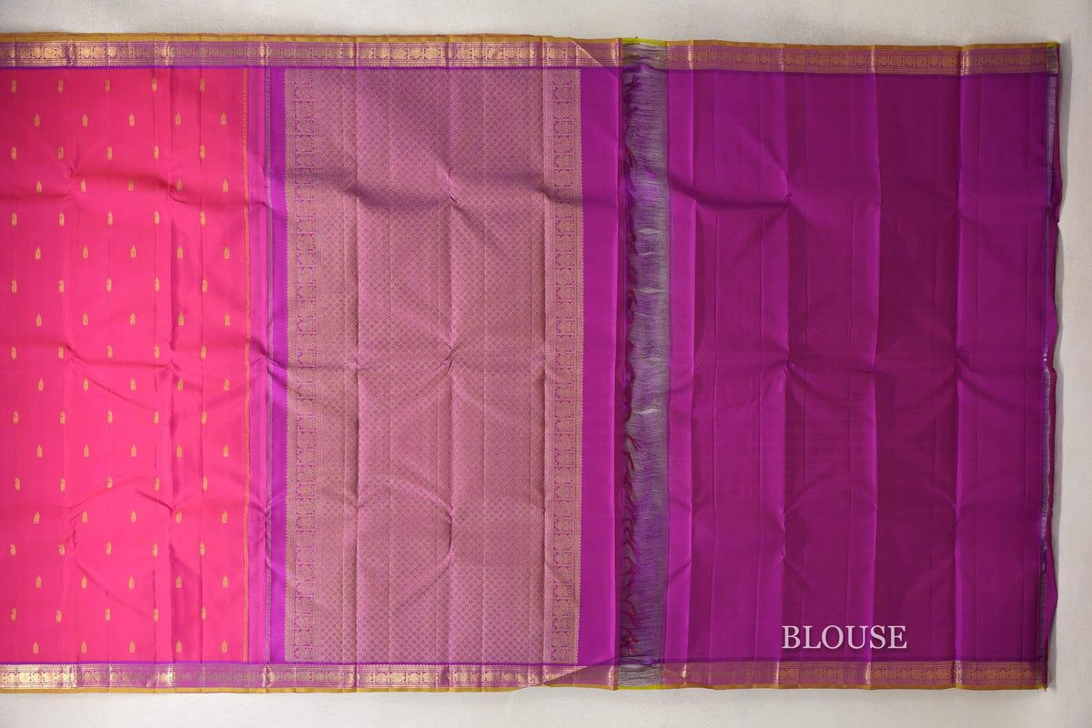 Bright Rani Pink with Violet Purple with Olive Yellow Borders Vintage Kanjivaram Silk Saree blouse