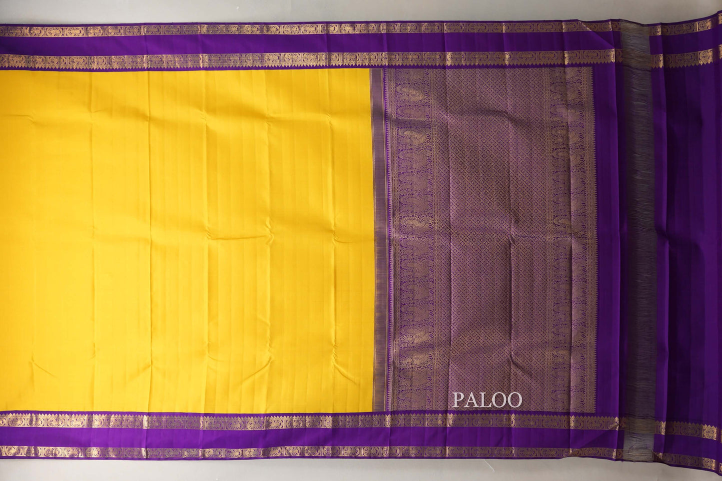 Bright Yellow with Purple Rettai Pettu Borders Vintage Kanjivaram Silk Saree SS9072