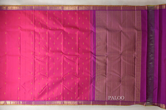 Bright Rani Pink with Violet Purple with Olive Yellow Borders Vintage Kanjivaram Silk Saree paloo