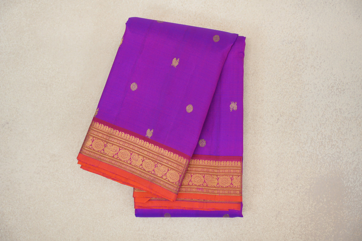 Dual Tone of Pink and Violet with Deep Rani Pink with Bright Orange Selvedge Borders Vintage Kanjivaram Silk Saree