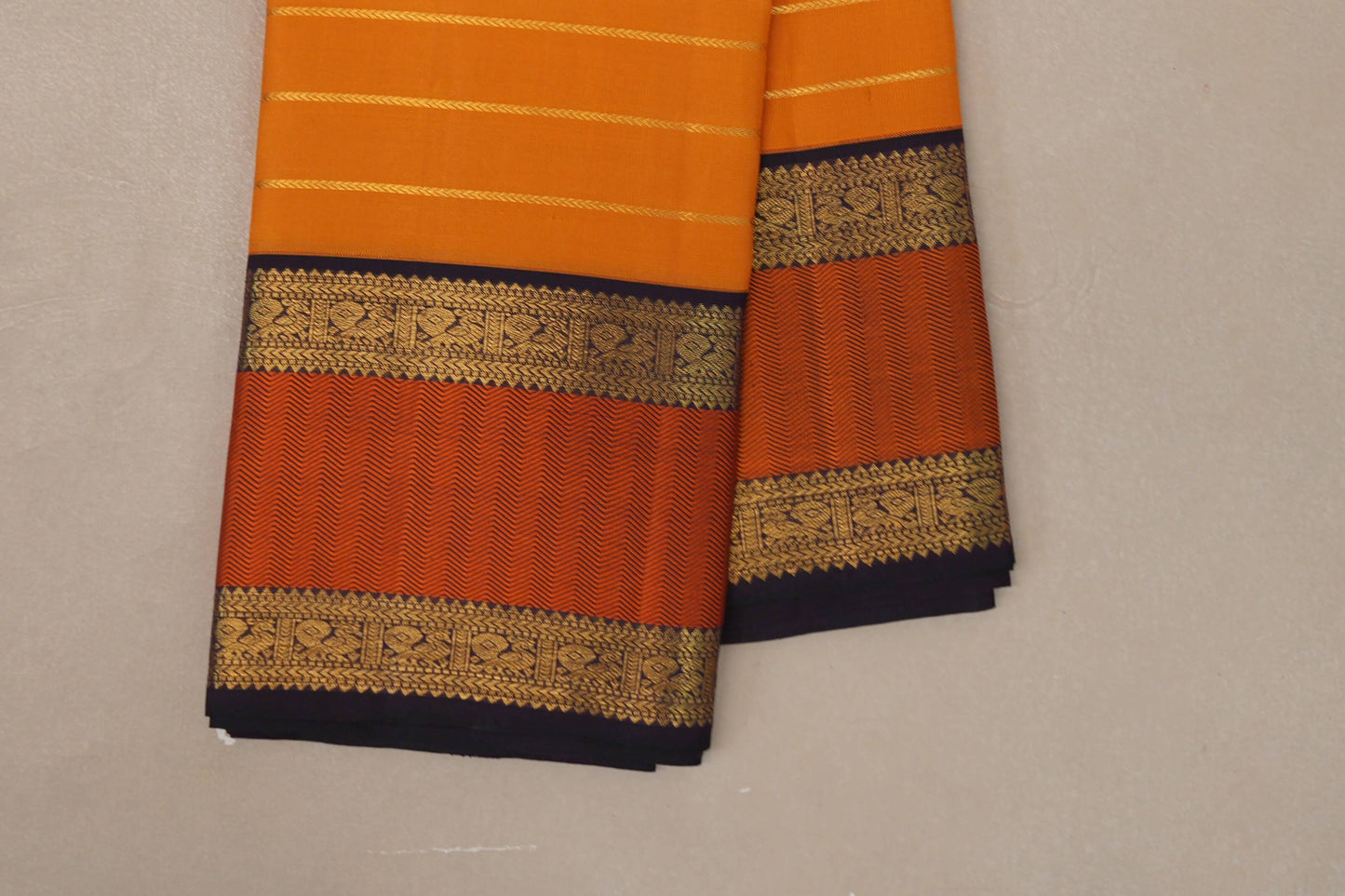 Bright Mango Orange with Deep Plum Borders Vintage Kanjivaram Silk Saree SS9074
