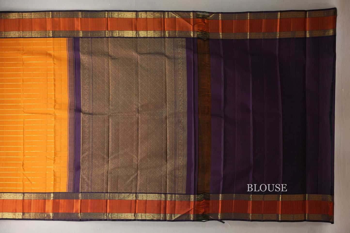 Bright Mango Orange with Deep Plum Borders Vintage Kanjivaram Silk Saree SS9074