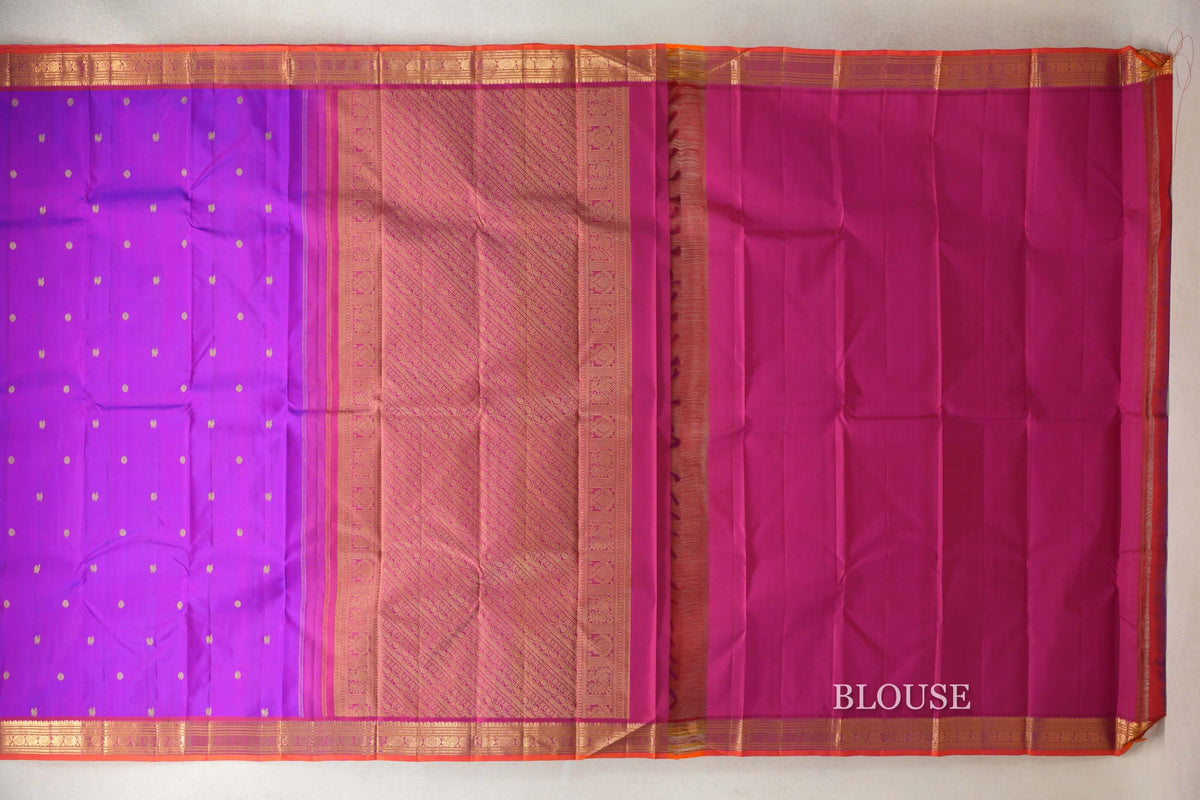 Dual Tone of Pink and Violet with Deep Rani Pink with Bright Orange Selvedge Borders Vintage Kanjivaram Silk Saree blouse